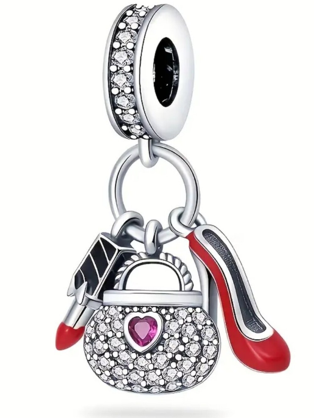 Silver Charm Dangle with Purse, Lipstick & Red Heel